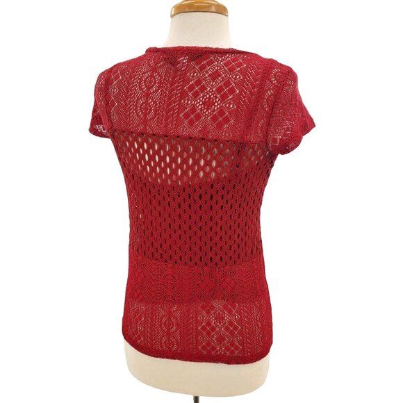 INC Shirt Lace Red Crochet Openwork Mesh Cutout Top Attached Cami Undershirt PS - Picture 4 of 7